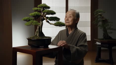 elderly person tending to a bonsai tree