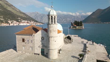 Drone-Orbits-Above-Our-Lady-of-the-Rocks-Church-in-Kotor,-Montenegro