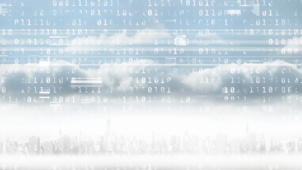 도시 풍경 위의 바이너리 코딩 처리의 애니메이션