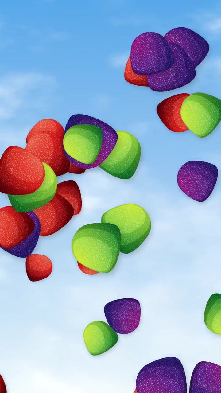Vibrant red, green, and purple gummy candies fall vertically against a sunny blue sky.