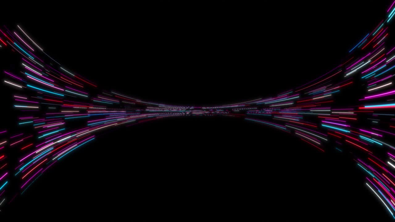 Animation shows glowing colorful lines flowing through dark tunnellike space use of bright neon
