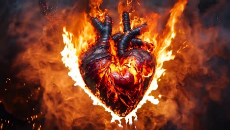 un corazón en llamas sobre un fondo negro