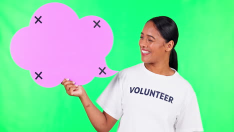 Speech-bubble,-volunteer-and-woman-on-green-screen