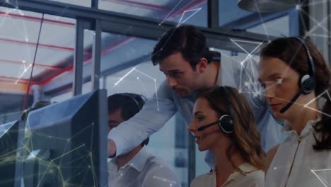 Animation-of-networks-of-connections-over-business-people-using-phone-headsets