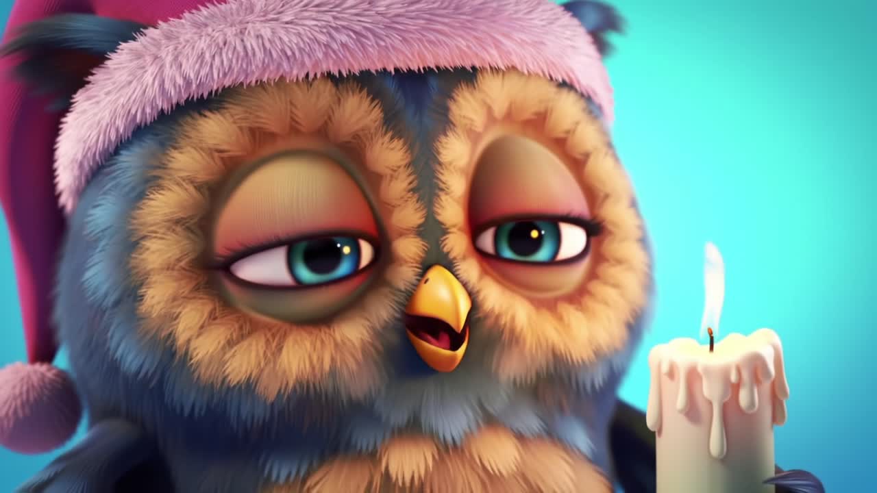 A Cozy Holiday Owl: Captivating Animation of a Festively Dressed Owl with a Candle, Bringing Warmth and Cheer during the Christmas Season