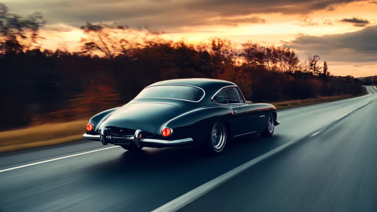 A vintage car speeds down a highway at sunset, captured from a low-angle, dynamic shot