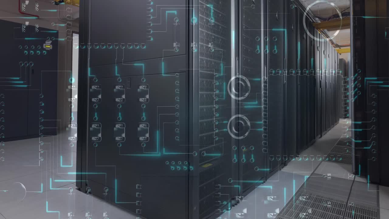 Animation of circuit board and data processing over computer servers