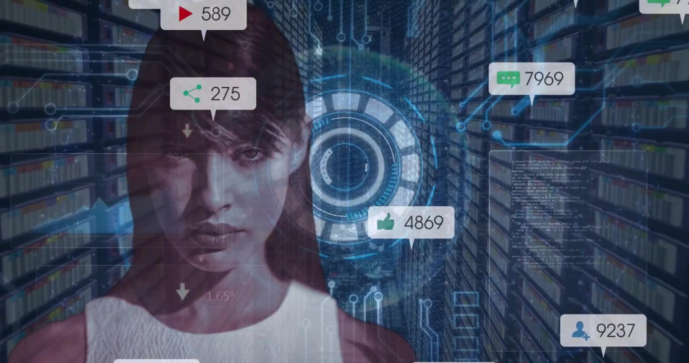 Animation of social media icons over caucasian woman and data processing against server room