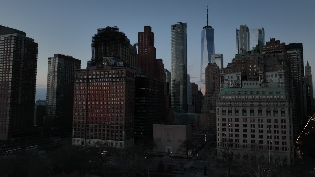 An aerial view of lower Manhattan, NY on a beautiful evening just before sunset