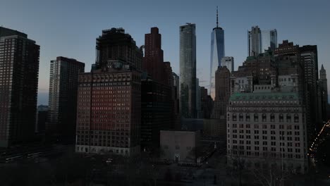 An-aerial-view-of-lower-Manhattan,-NY-on-a-beautiful-evening-just-before-sunset