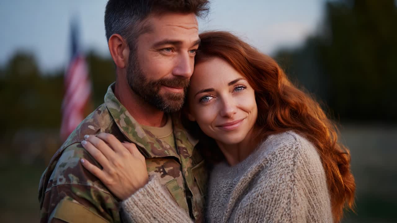 Een hartverwarmende hereniging die de liefde en band weergeeft tussen een soldaat en zijn partner, gevangen in een tedere omhelzing tegen een prachtige natuurlijke achtergrond tijdens de schemering