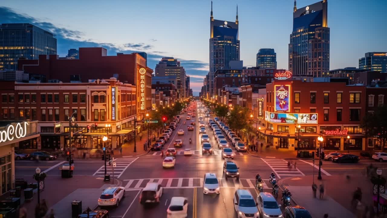 A Vibrant Cityscape at Dusk Captured in Two Stunning Frames Showcasing Traffic, Vibrant Buildings, and the Modern Skyline Under a Glowing Evening Sky