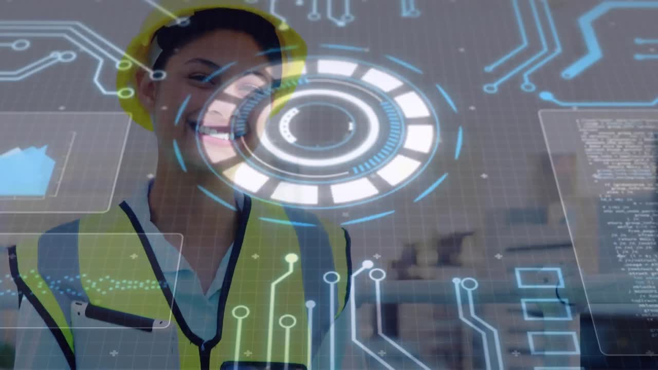 animación de escaneo de alcance y procesamiento de datos sobre ingeniera femenina