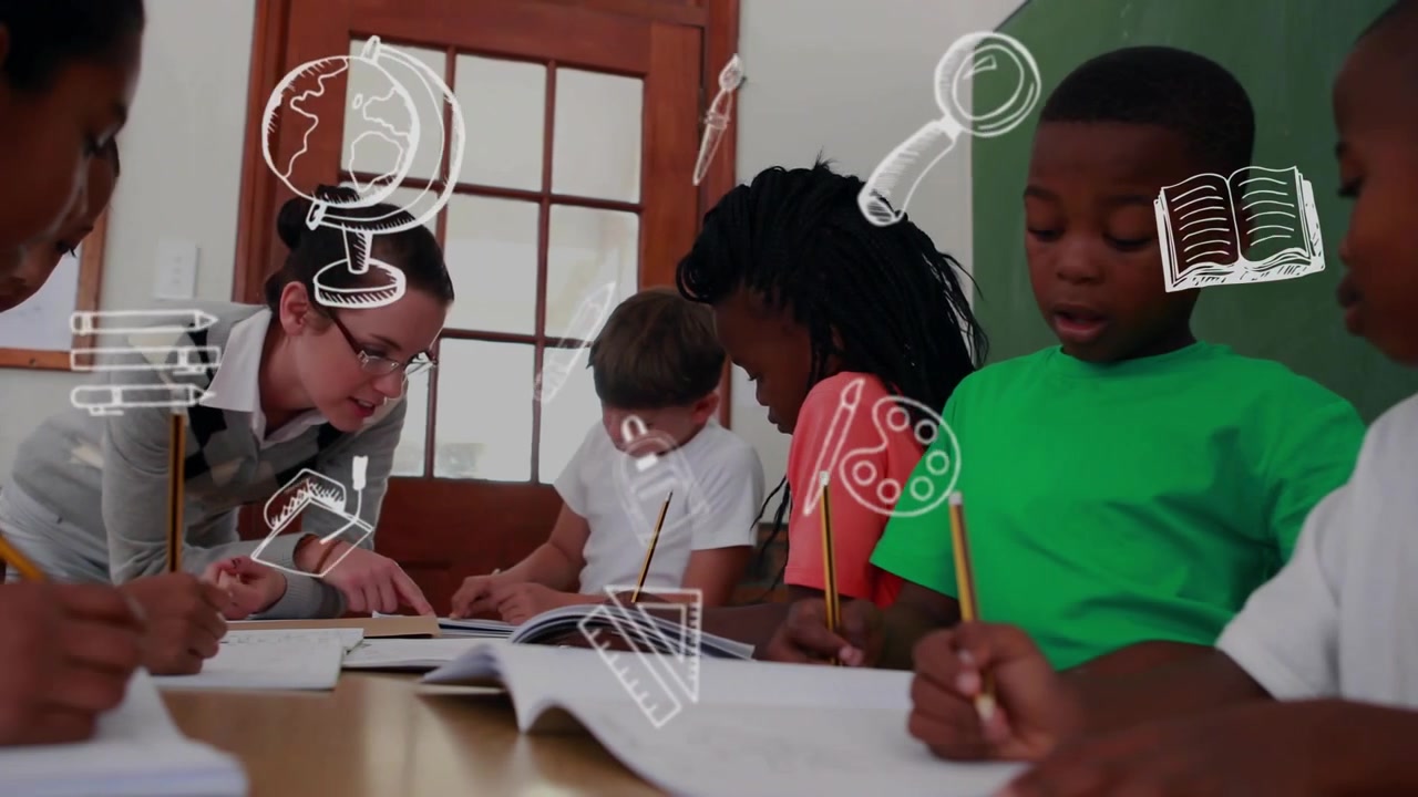 Teacher leaning over schoolbook, guiding students writing with doodle icons drifting over table