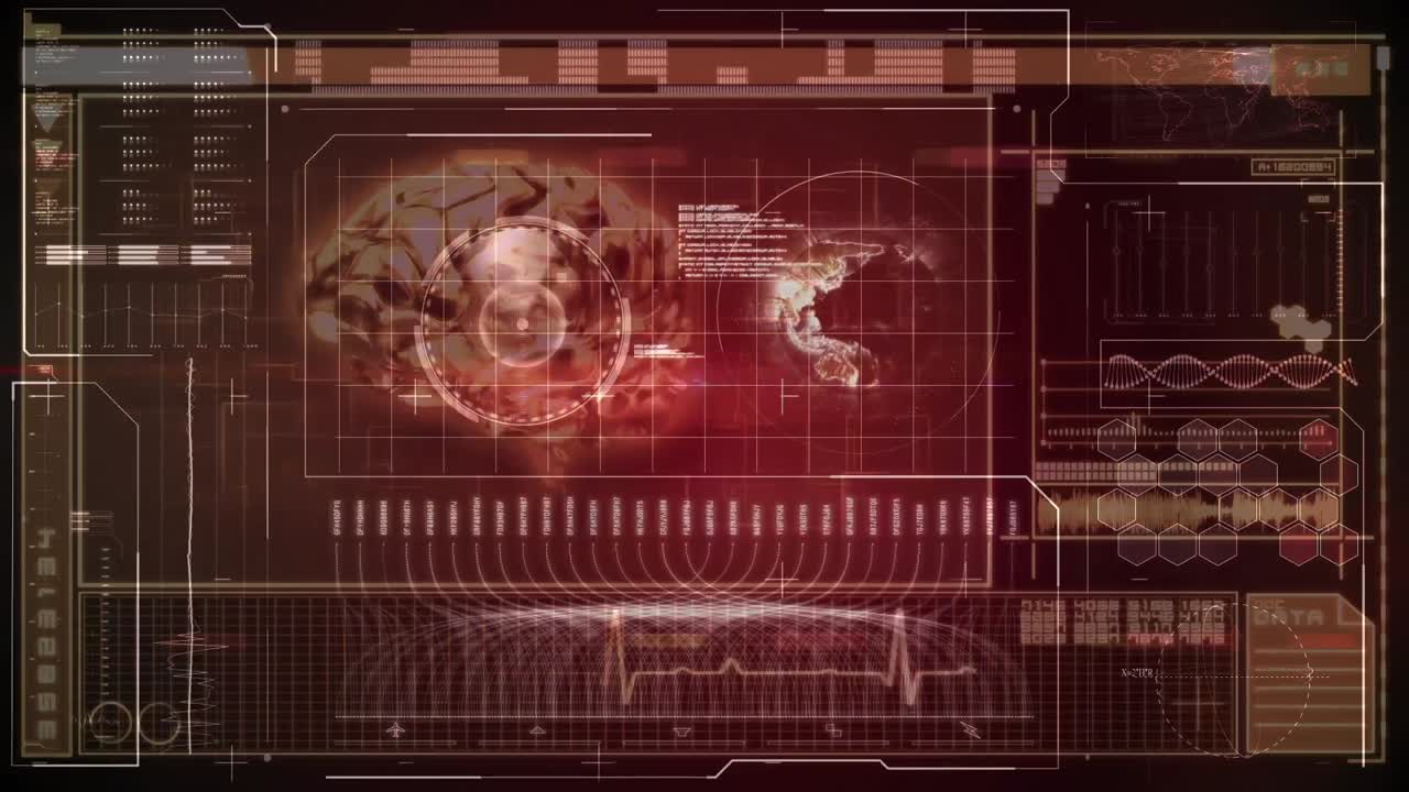 animación de barras de carga, ondas sonoras, hélice de adn, cerebro humano y globo contra un fondo abstracto
