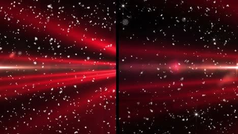 Animation-of-split-screen-showing-red-spotlight-and-light-beams,-with-glowing-particles,-on-black