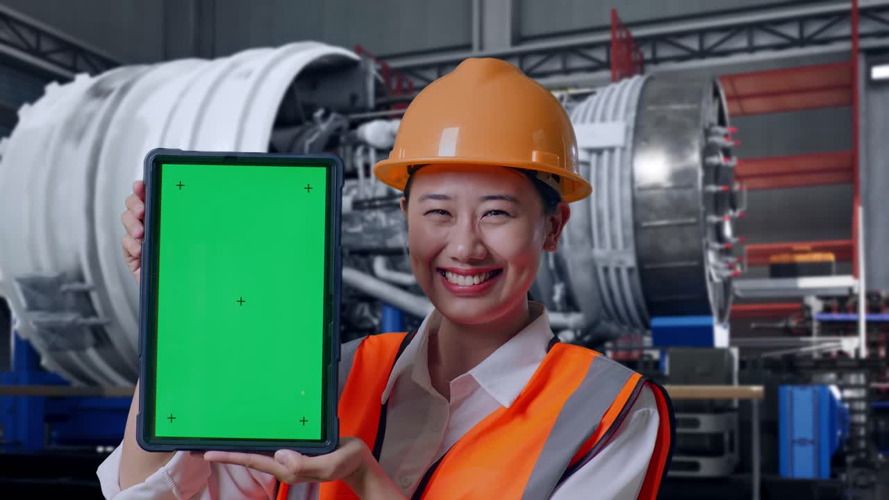 Close Up Of Asian Female Engineer With Safety Helmet Smiling And Showing Green Screen Tablet To The Camera With Airplane Engine Maintenance Conducted