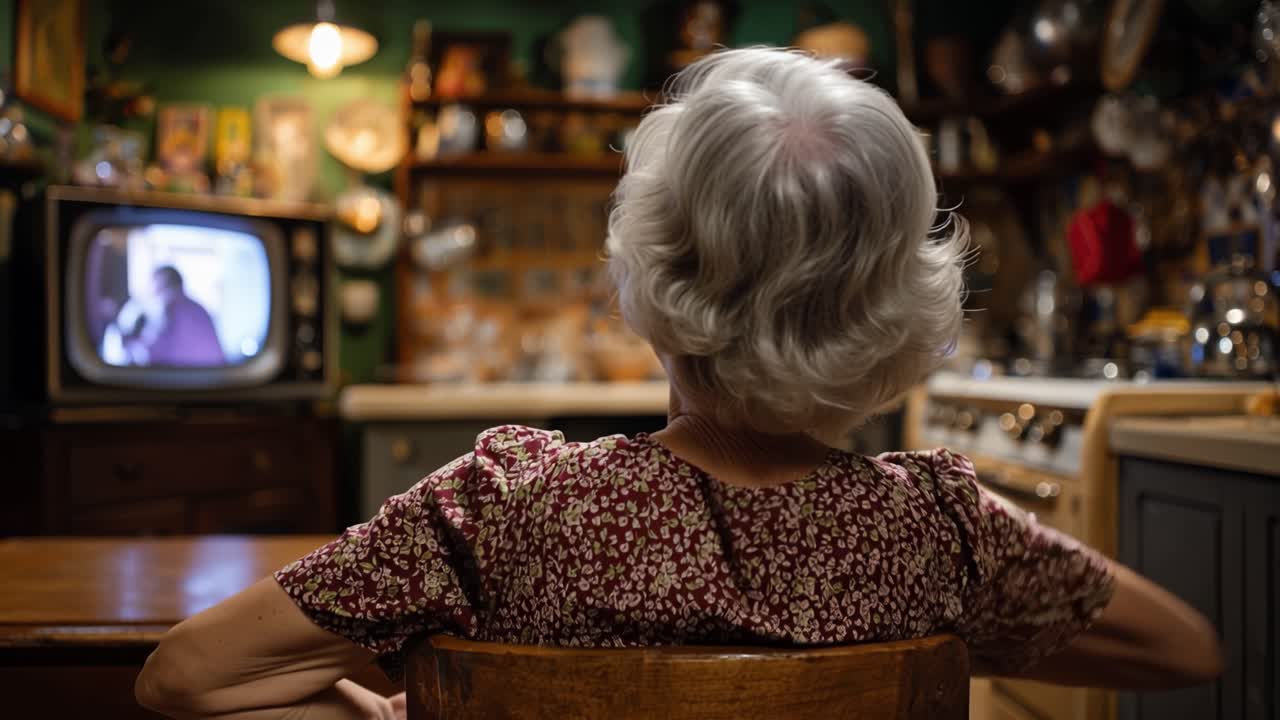 Donna anziana che guarda una televisione vintage in una cucina accogliente.