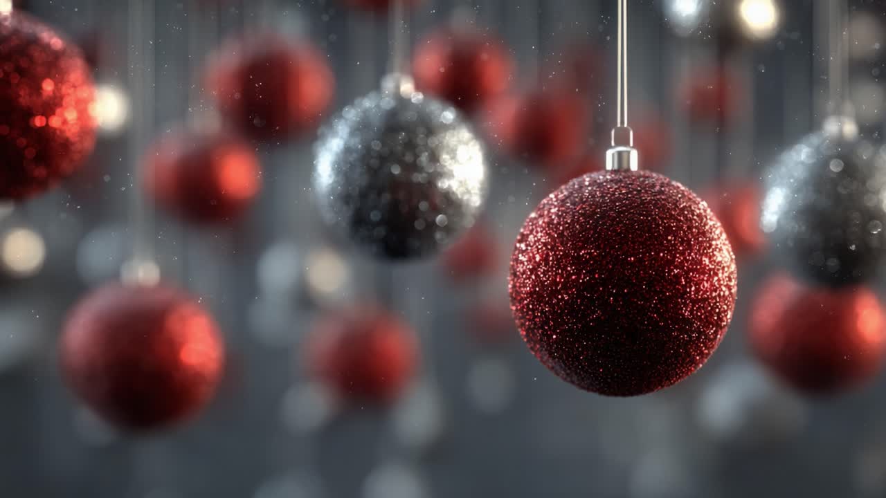 A Captivating Display of Festive Ornaments: Glittering Red and Silver Baubles Swirling Amidst a Soft Background of Holiday Lights and Sparkling Particles