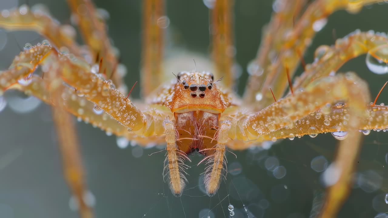 Yellow hairy spider sitting motionless on intricate spiderweb, glistening with morning dew drops amid lush forest greenery, blending seamlessly into natural woodland environment