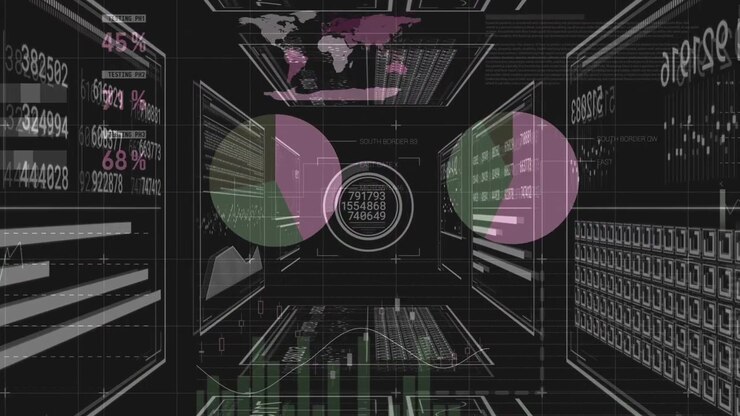 On play central HUD emitting rings, forming pies, growing bars, updating tables, showing analytics