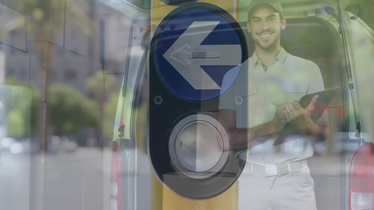 카톤을 가진 행복한 백인 남성 배달자의 도로의 애니메이션