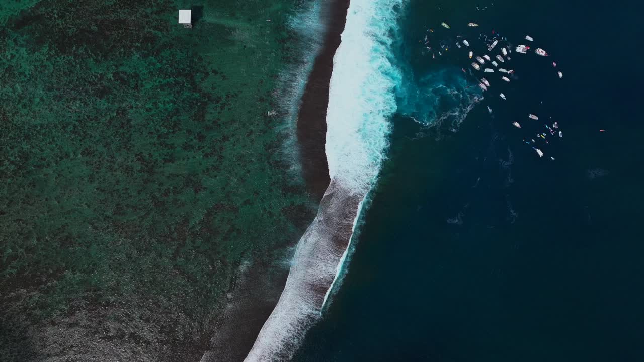 Teahupoo Tahiti aerial drone surf contest birdseye view perspective French Polynesia boats surf wave 2024 surf judge tower Pacific Ocean coral reef Channel Point Faremahora Pass Havae down