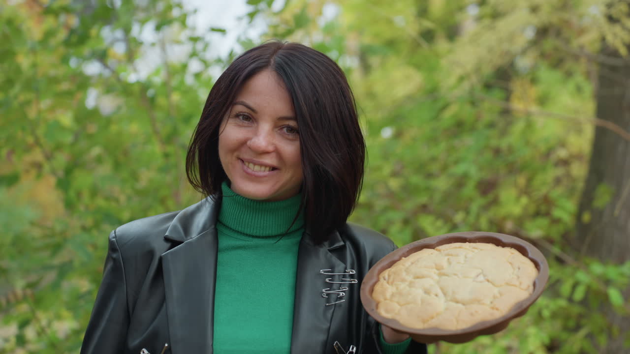 Mulher com jaqueta de couro segurando uma torta em meio a uma floresta ensolarada, usando um suéter verde e com um sorriso caloroso; torta caseira em um prato rústico; retrato espontâneo de padeira aproveitando a colheita de outono; atmosfera aconchegante ao ar livre