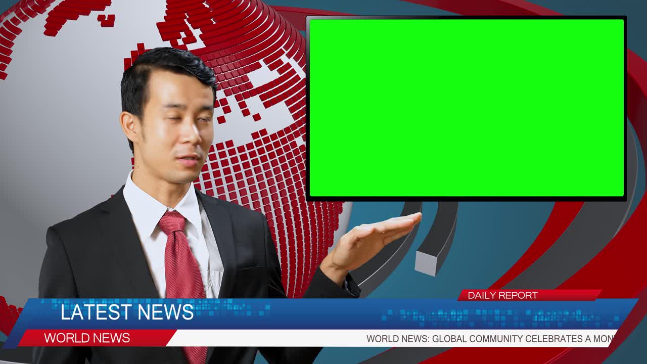 Live News Studio With Asian Male Anchor Reporting On A Story, Uses Green Chroma Key Screen Placeholder Copy Space.Television Newsroom Channel With Professional Presenter