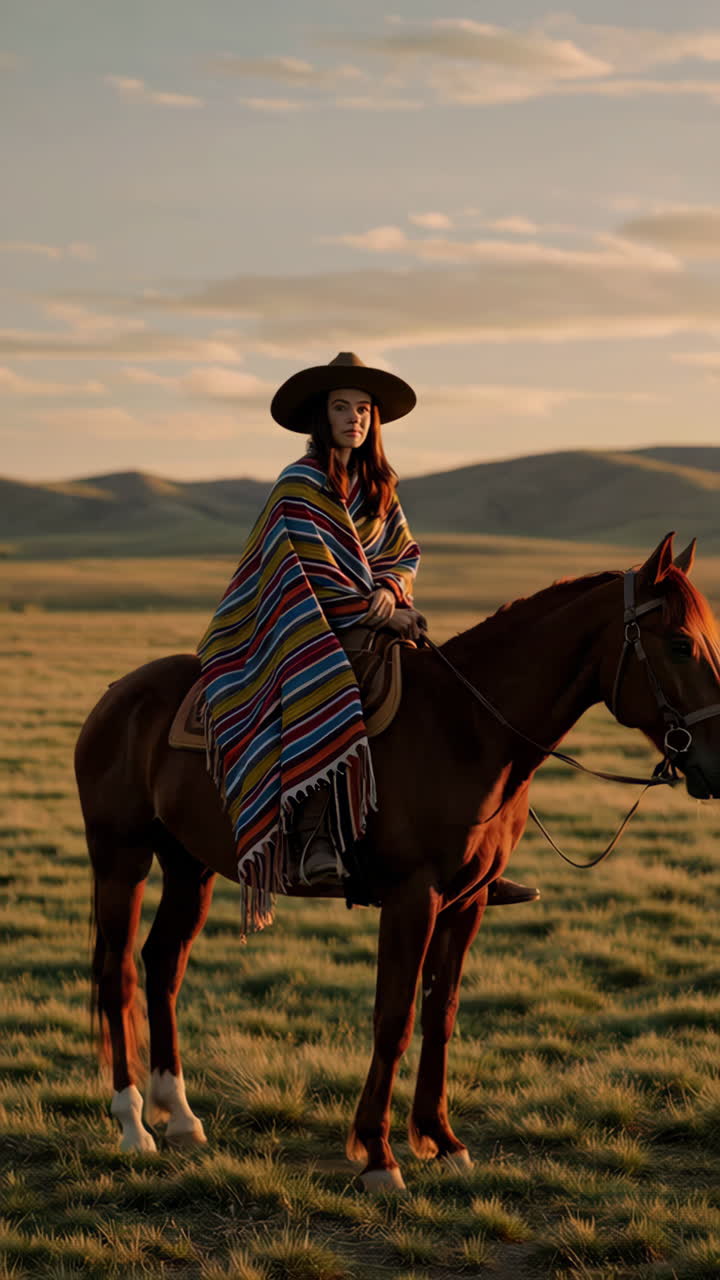 Woman on horseback in a striped poncho at golden hour