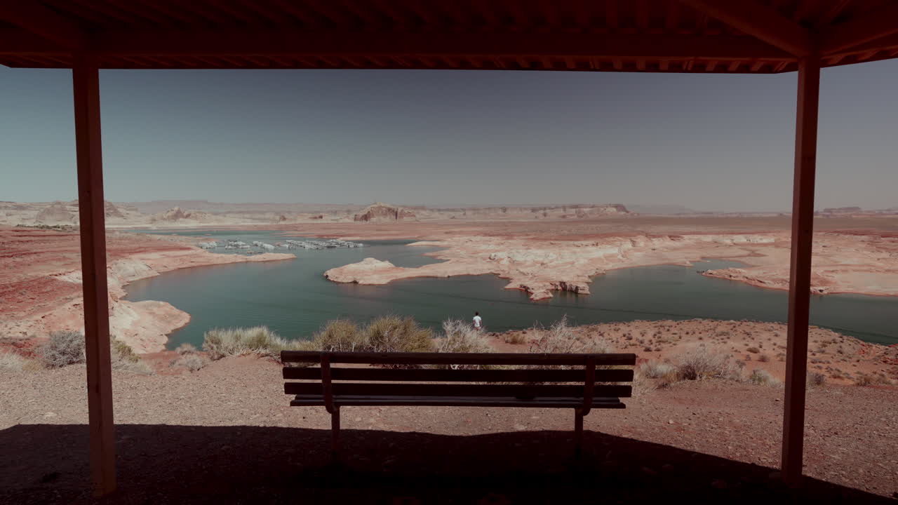 Lake View from a Wooden Bench Under a Pavilion
