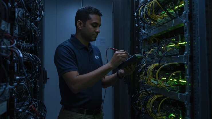 A technician diligently performs maintenance on network equipment, carefully monitoring connections and ensuring optimal performance of servers in a dimly lit data center