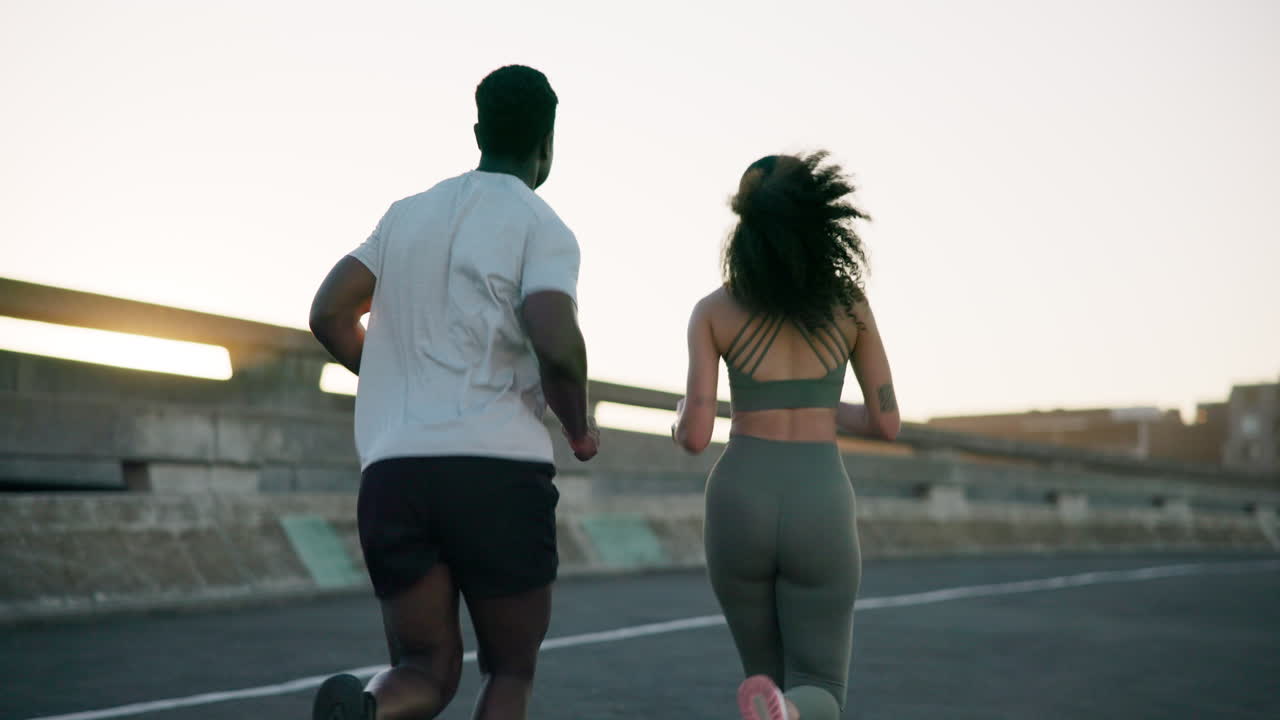 Couple, fitness and running on road for workout