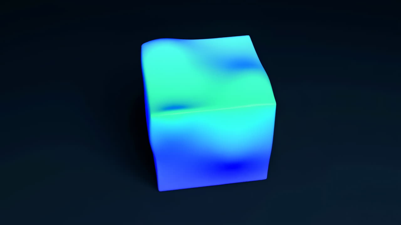 Dynamisk 3D-kube, der morfer med en levende blå og grøn gradient.