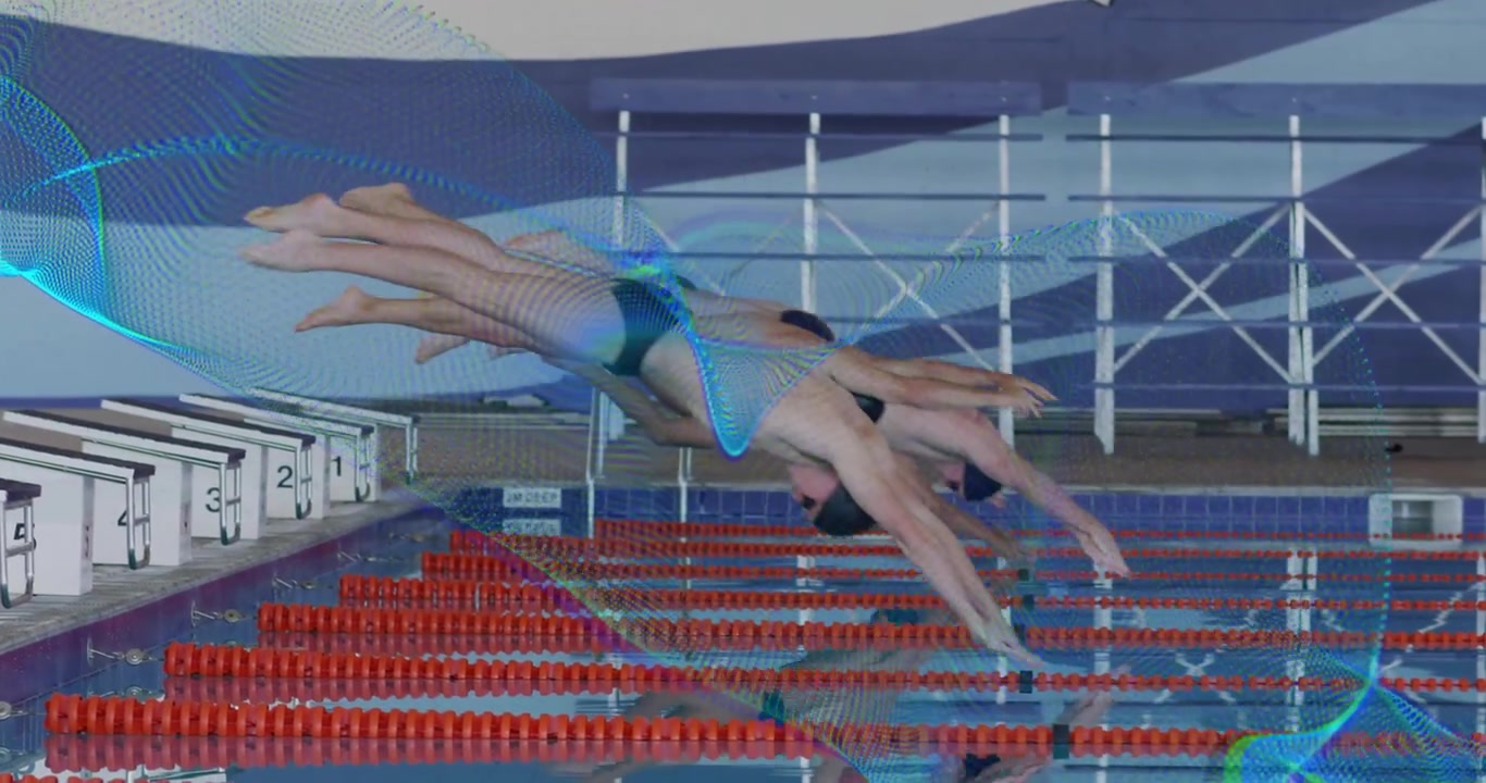 Zes mannelijke zwemmers duiken in zwembad bij startsignaal met geanimeerde snelheidsoverlay voor sporttechnologie