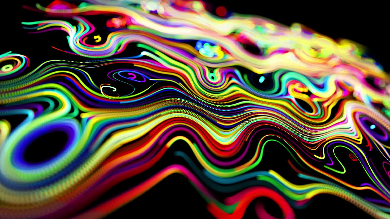 el flujo de partículas forma líneas rizadas como rastros de brillo de diferentes colores, las líneas forman un patrón giratorio como ruido de rizado. abstracto 3d bucle de flujo de animación como fondo festivo creativo brillante