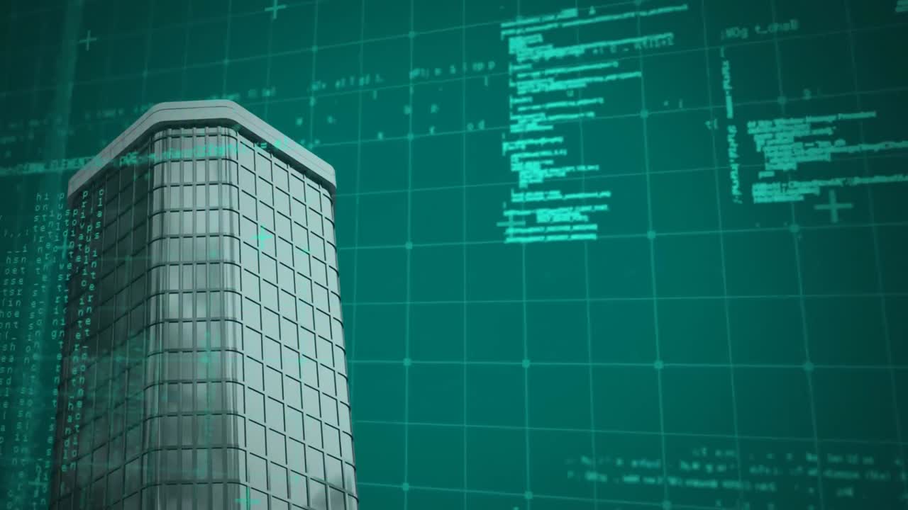 Data processing over grid network against tall building on green background