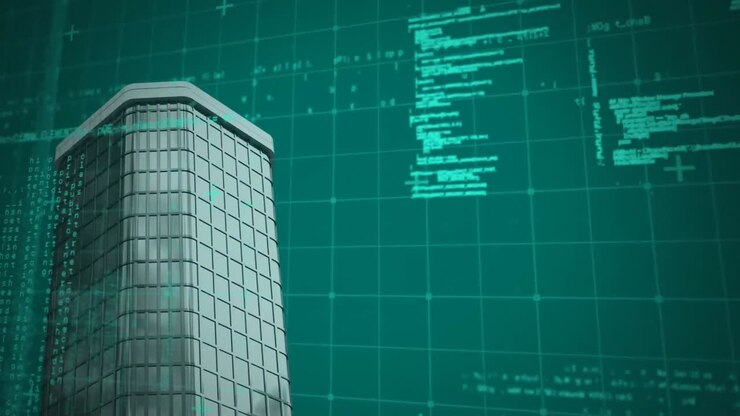Обработка данных поверх сетчатой сети на фоне высотного здания на зеленом фоне