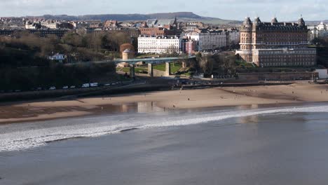 Aerial-footage-of-Scarborough-South-bay,-The-Grand-Hotel-in-winter