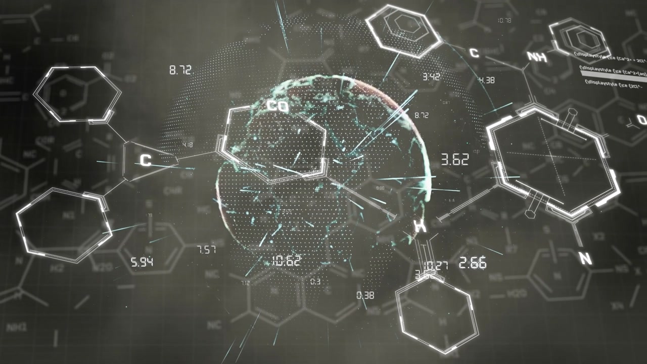Animation of chemical formulas, flashes, connections and globe on grey background