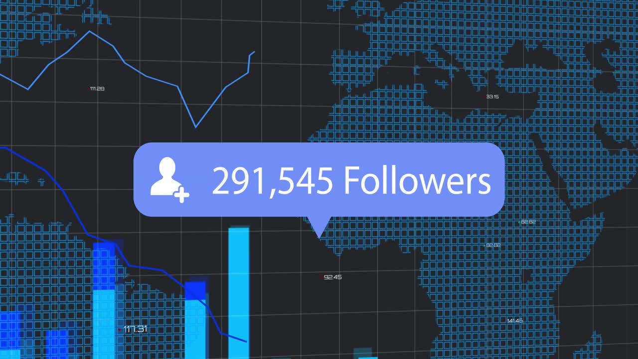 Speech bubble with followers text with increasing numbers against data processing on world map