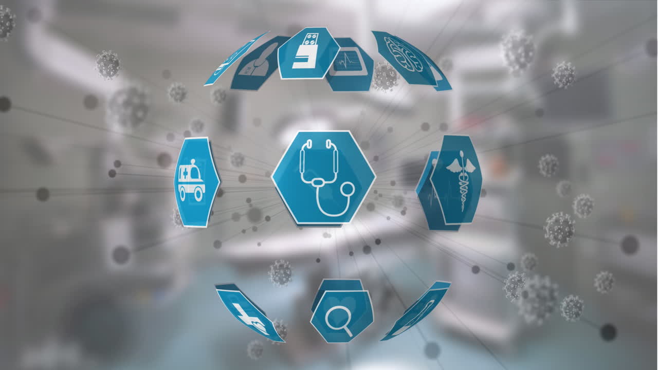 코로나19 세포에 맞서 회전하는 의료 아이콘의 세계