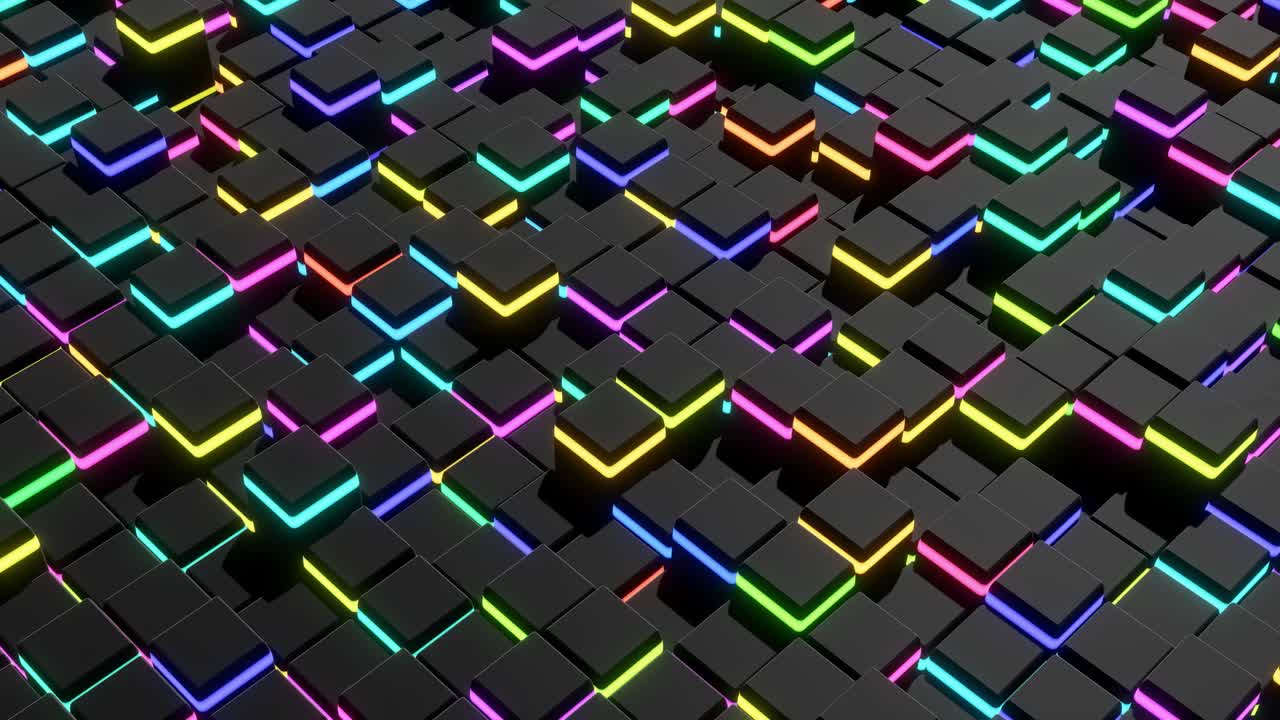 4k abstracto con bucle de fondo oscuro ondas de cubos en el plano y luces de neón. cuadrícula de cubos como bombillas de neó. vj estilo de neón cyberpunk bg para evento, presentación. diseño de movimiento simple clásico telón de fondo