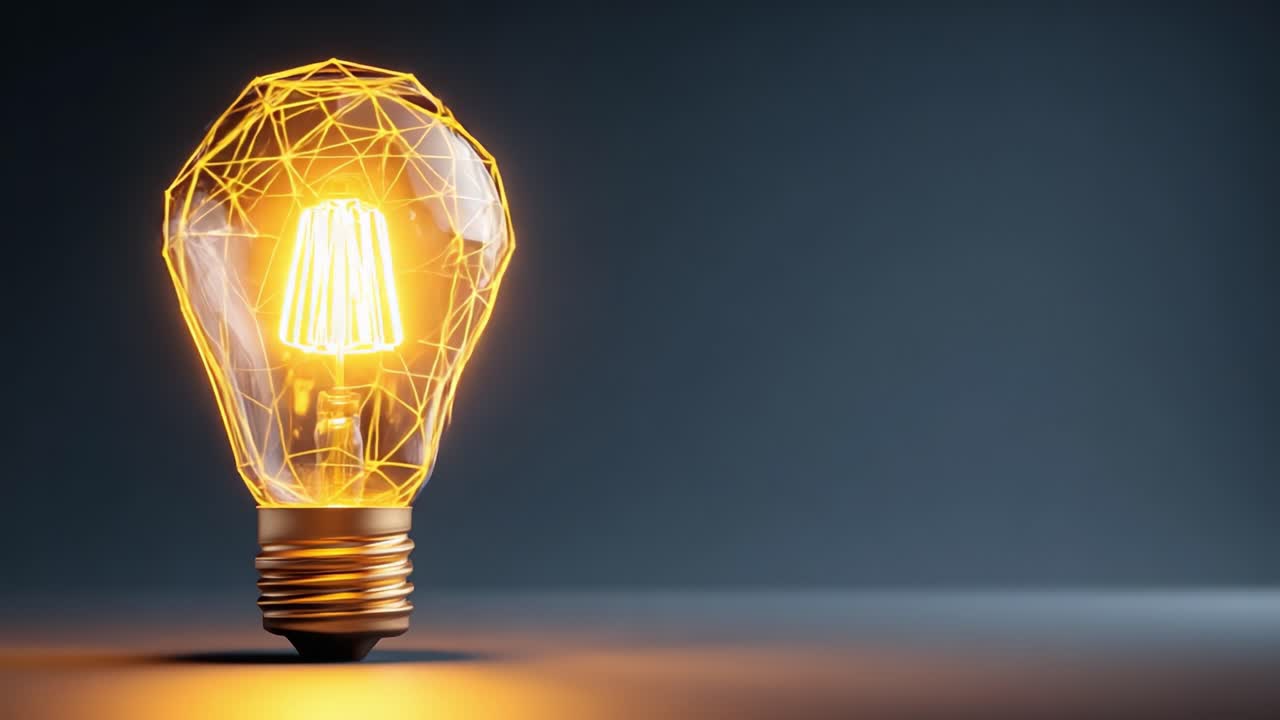 Una visualizzazione mozzafiato di una lampadina geometrica, che mette in mostra un'intricata rete di linee e luce che affascina con la sua estetica moderna e il suo bagliore caldo.