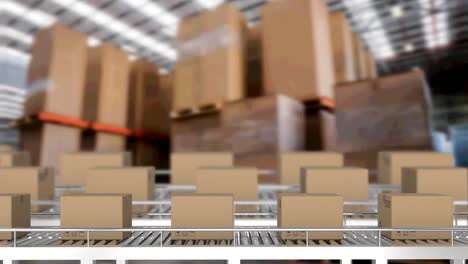 Multiple-delivery-boxes-on-conveyor-belt-against-warehouse-in-background