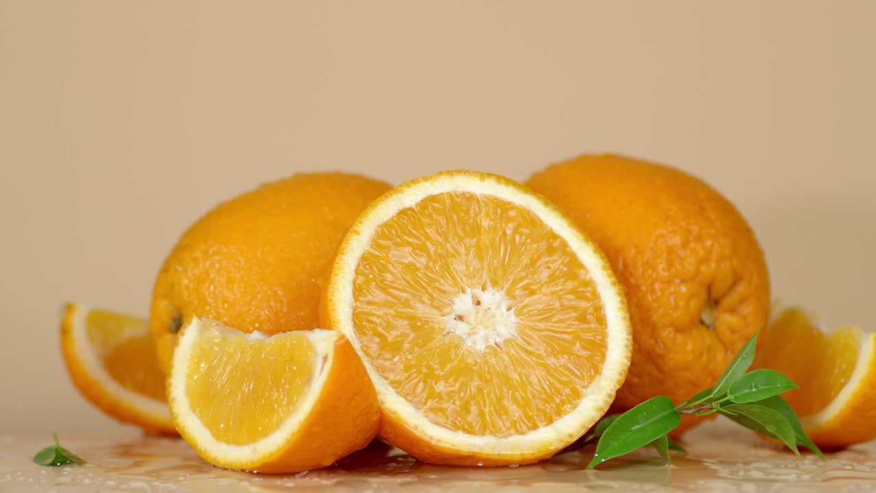 Sliced and whole oranges slowly rotate.
