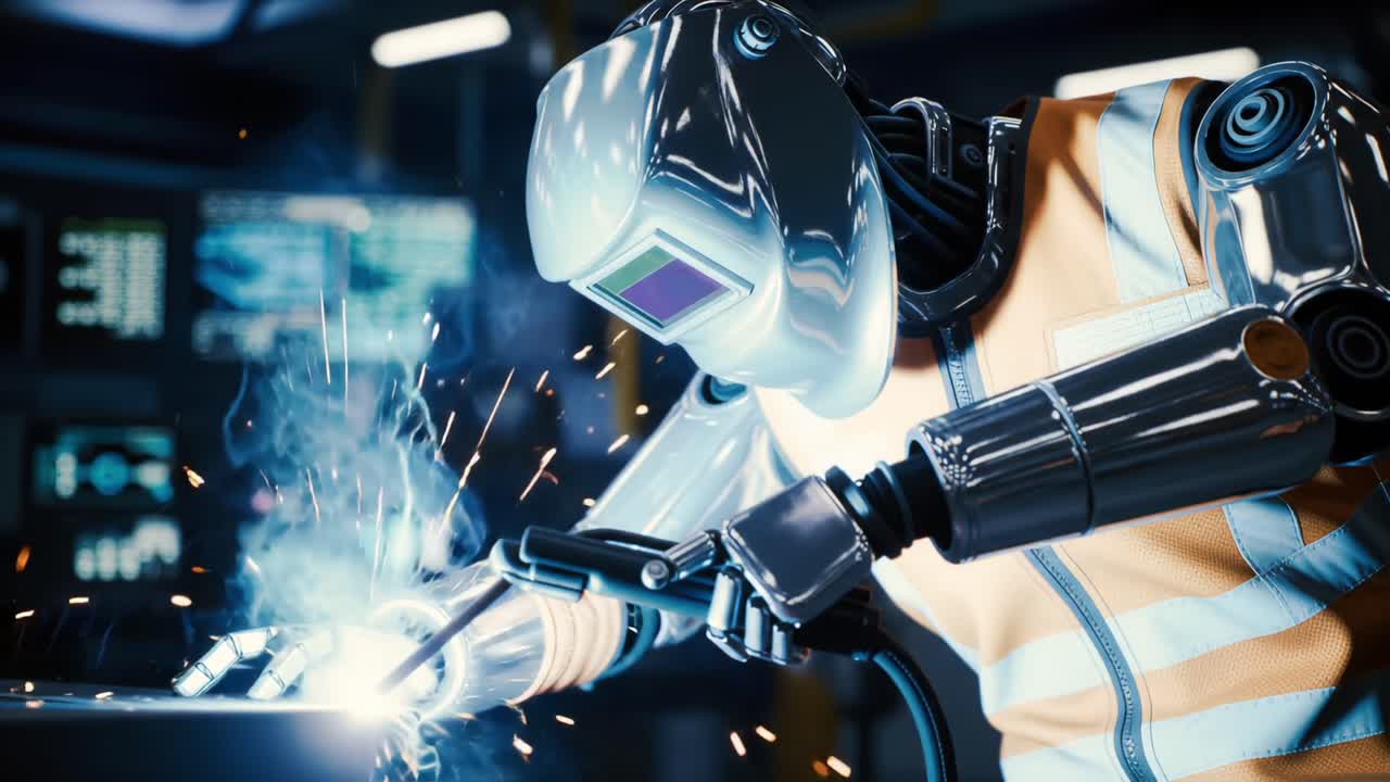 A High-Tech Robot Welder Engaging in Automated Welding Process, Showcasing Precision and Innovation in Modern Manufacturing Environments with Sparks Flying