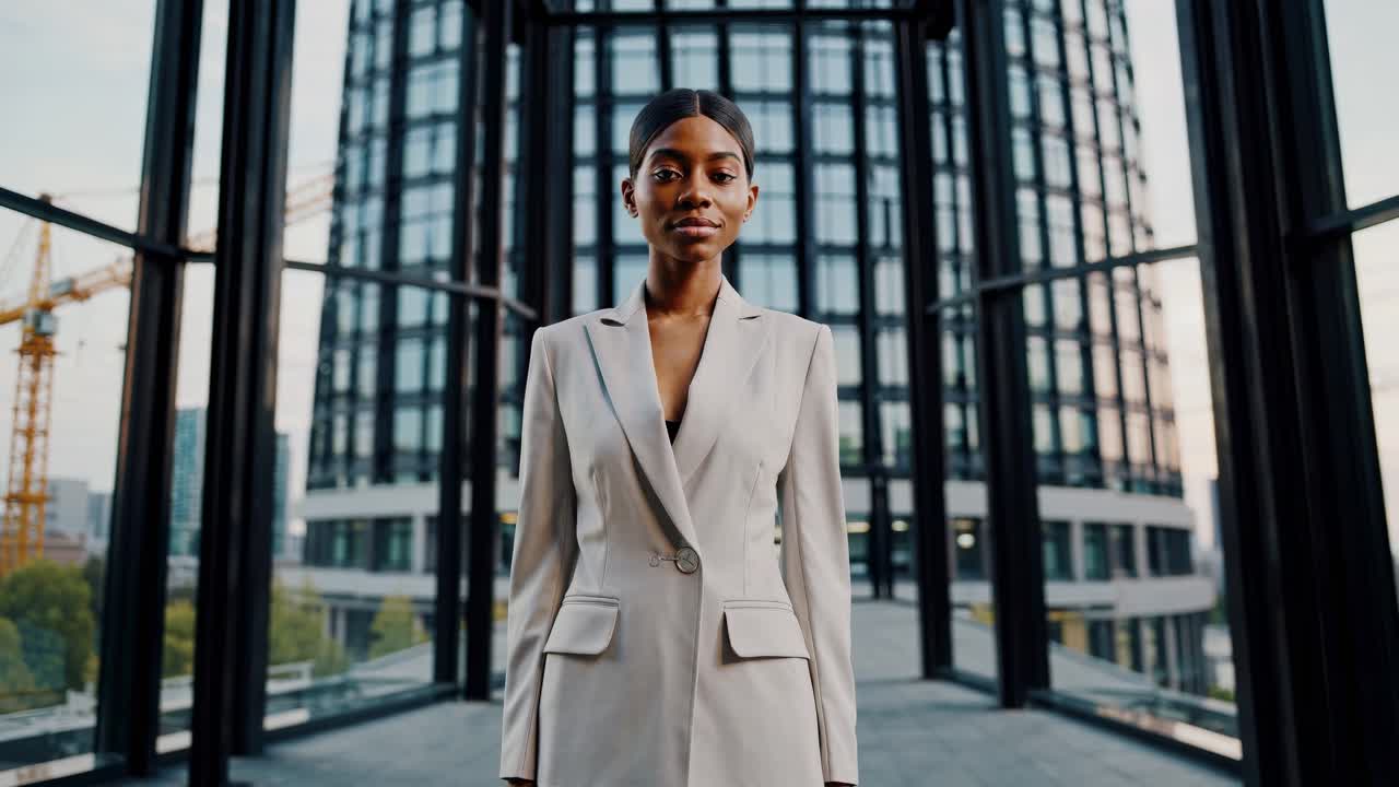 Professional African American businesswoman standing confidently in modern urban landscape, embodying corporate success against glass and steel architectural backdrop