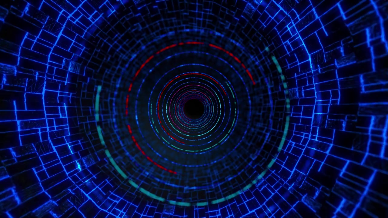 Cyber portal tunnel motion visual with blue grid circles deep vortex center and glowing sci fi