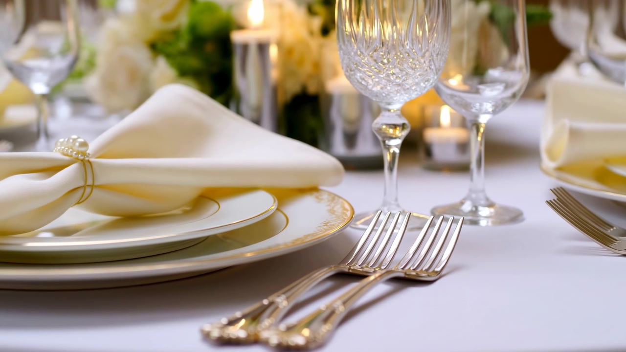 Elegant Wedding Reception Table Setting With Ivory Napkin Ring, Goldrimmed Plates, Crystal Wine Glasses,